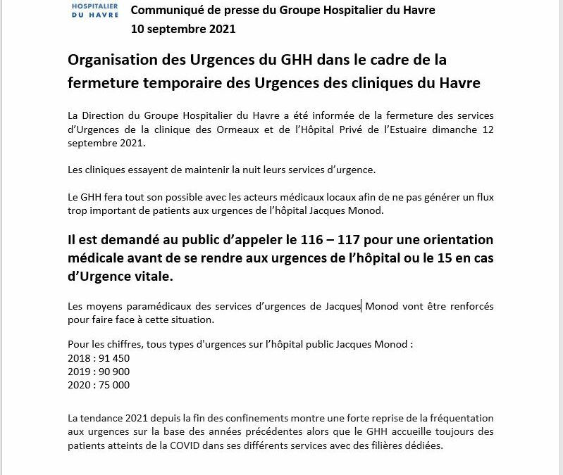 Communiqué de presse du GHH du 10/09/2021 : Organisation des Urgences du GHH suite à la fermeture temporaire des Urgences des cliniques du Havre le dimanche 12 septembre 2021