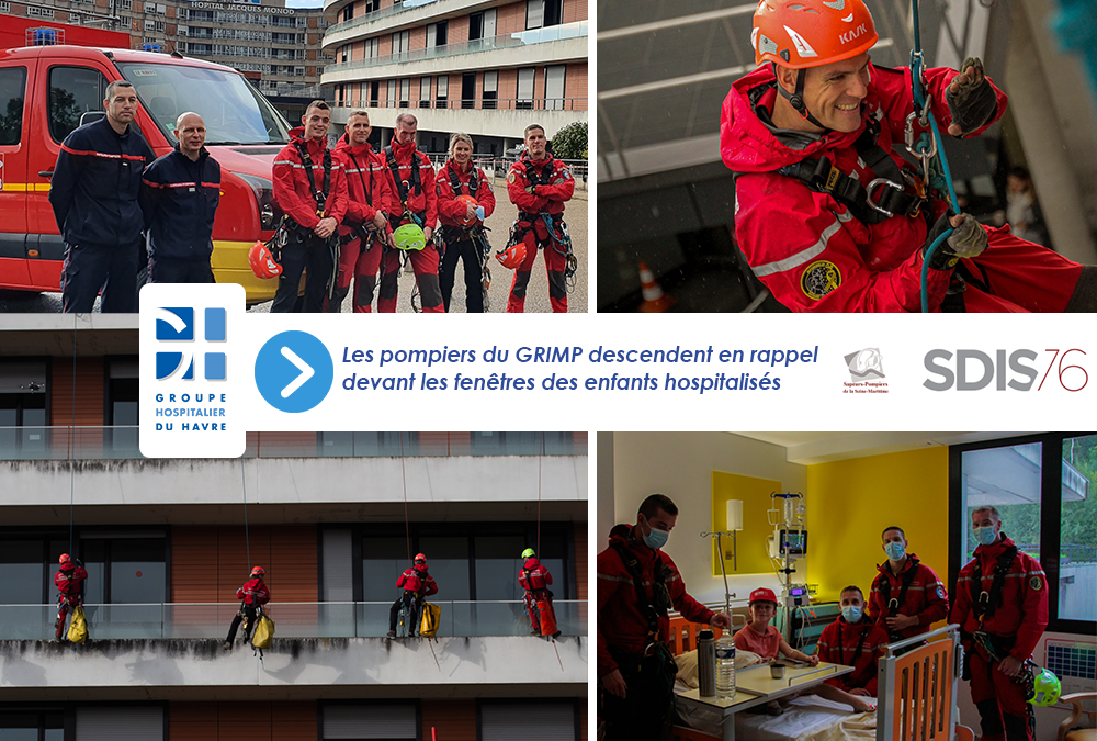 Les pompiers du GRIMP 76 descendent en rappel les façades de l’hôpital Jacques Monod pour le plus grand plaisir des enfants hospitalisés