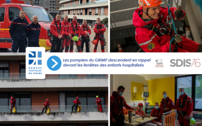 Les pompiers du GRIMP 76 descendent en rappel les façades de l’hôpital Jacques Monod pour le plus grand plaisir des enfants hospitalisés