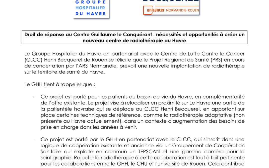 COMMUNIQUE DE PRESSE du 27 octobre 2023 du Groupe Hospitalier du Havre & du Centre de Lutte Contre le Cancer Henri Becquerel de Rouen