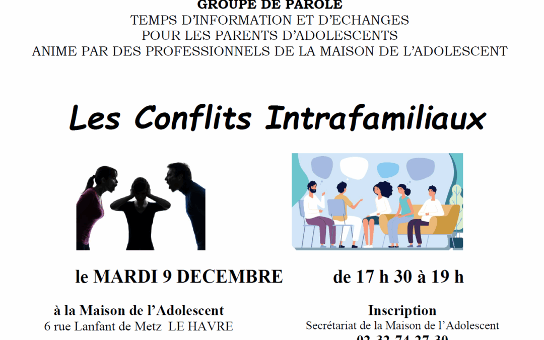 Les conflits intrafamiliaux | Groupe de parole – Mardi 9 décembre 2025 de 17h30 à 19h à la Maison de l’Adolescent