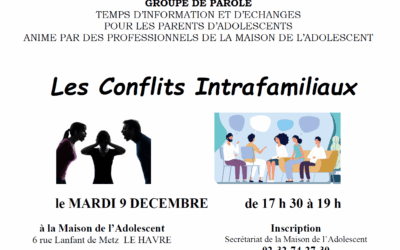 Les conflits intrafamiliaux | Groupe de parole – Mardi 9 décembre 2025 de 17h30 à 19h à la Maison de l’Adolescent