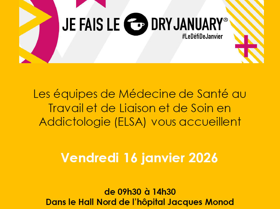 🍷❌ DRY January – Vendredi 16 janvier 2026 dans le hall Nord de l&rsquo;hôpital Jacques Monod